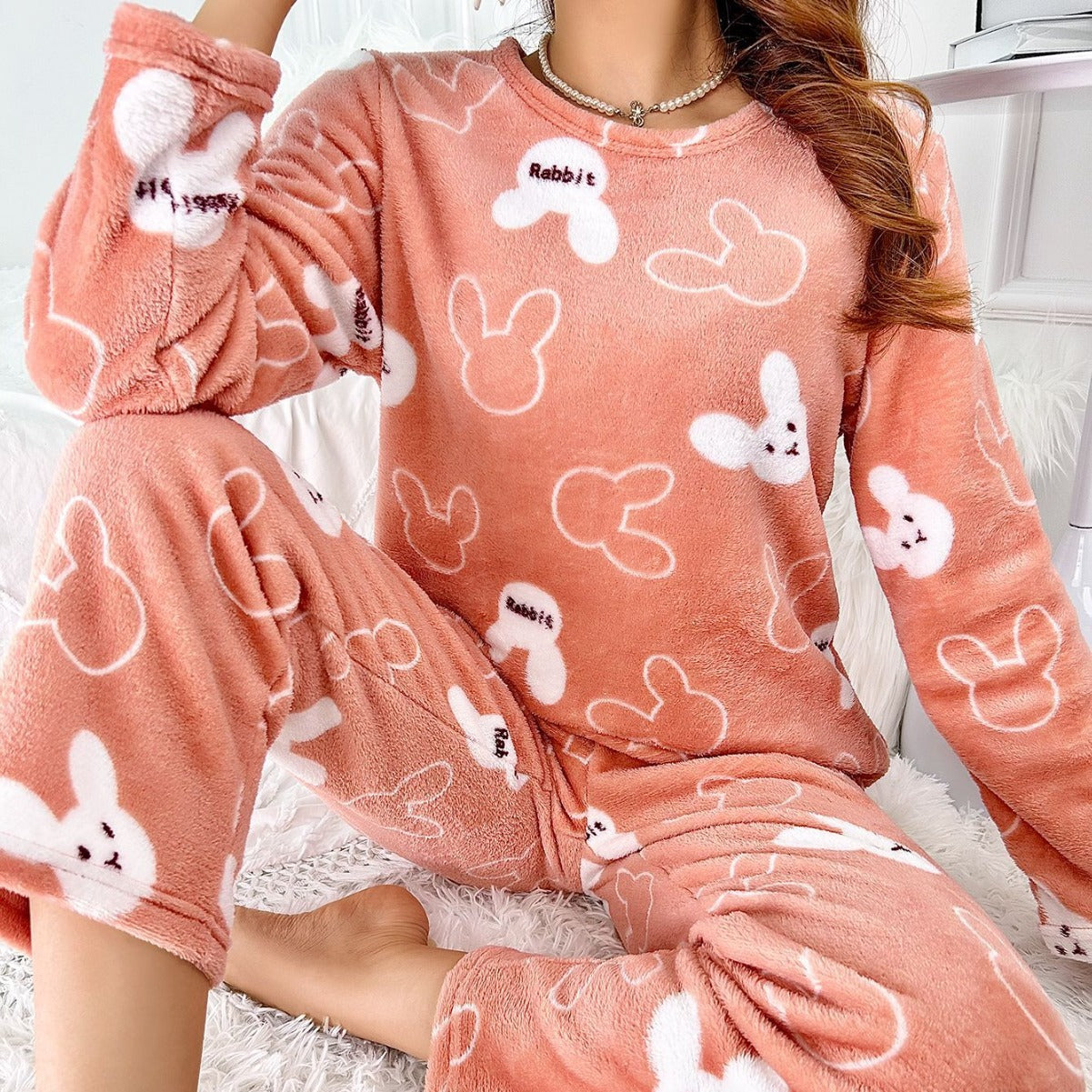 Flannel Cartoon Rabbit-Print Long-Sleeve Pajama Set With Long Pants