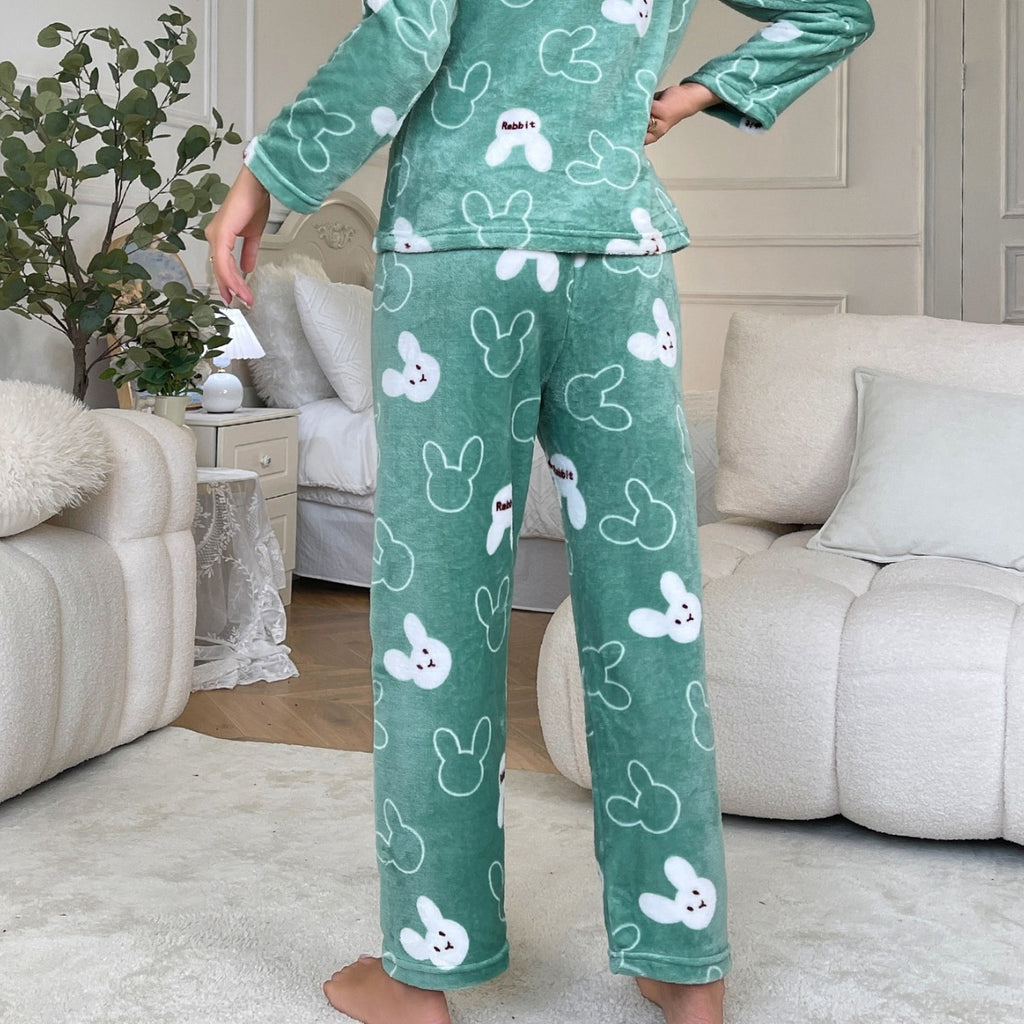 Flannel Cartoon Rabbit-Print Long-Sleeve Pajama Set With Long Pants