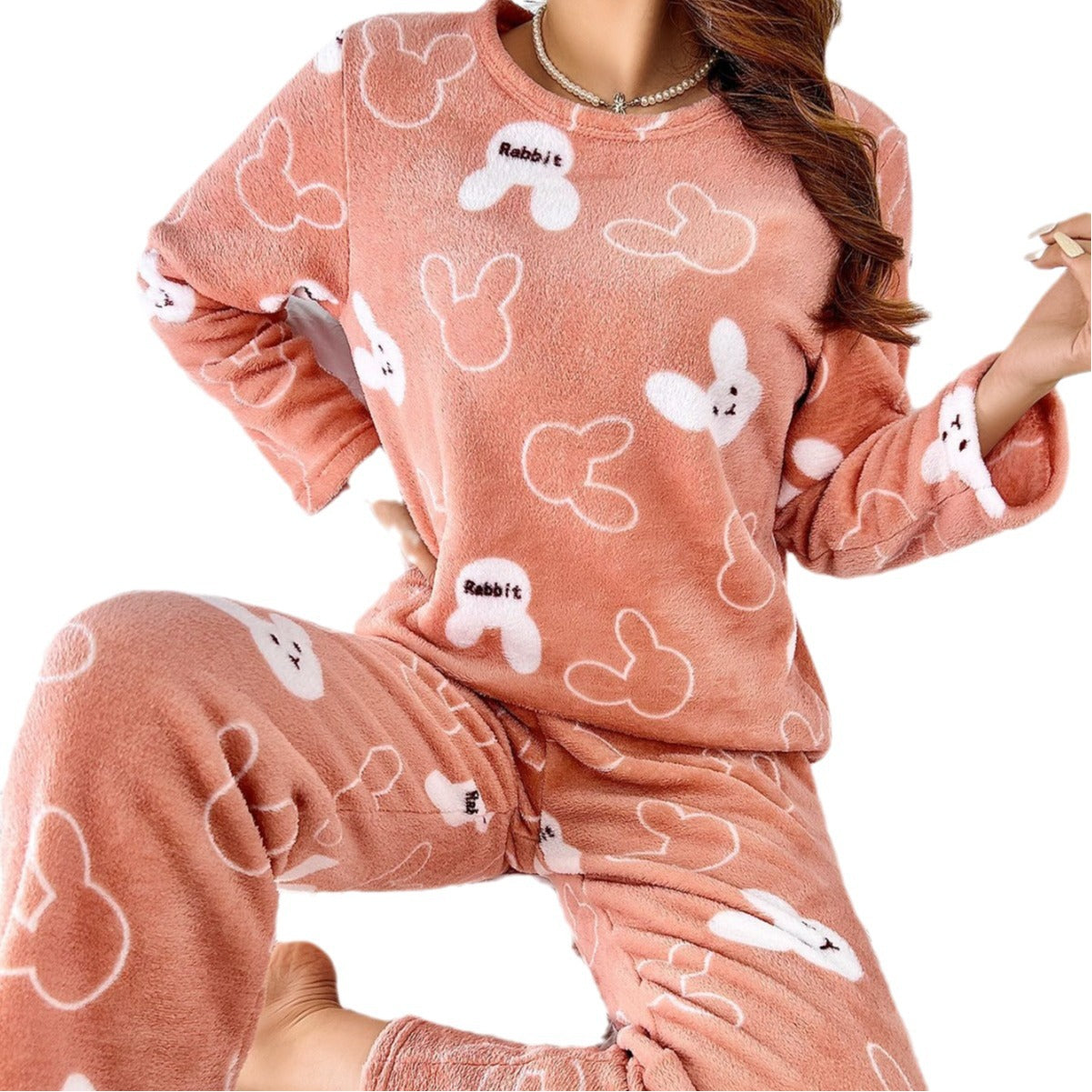 Flannel Cartoon Rabbit-Print Long-Sleeve Pajama Set With Long Pants