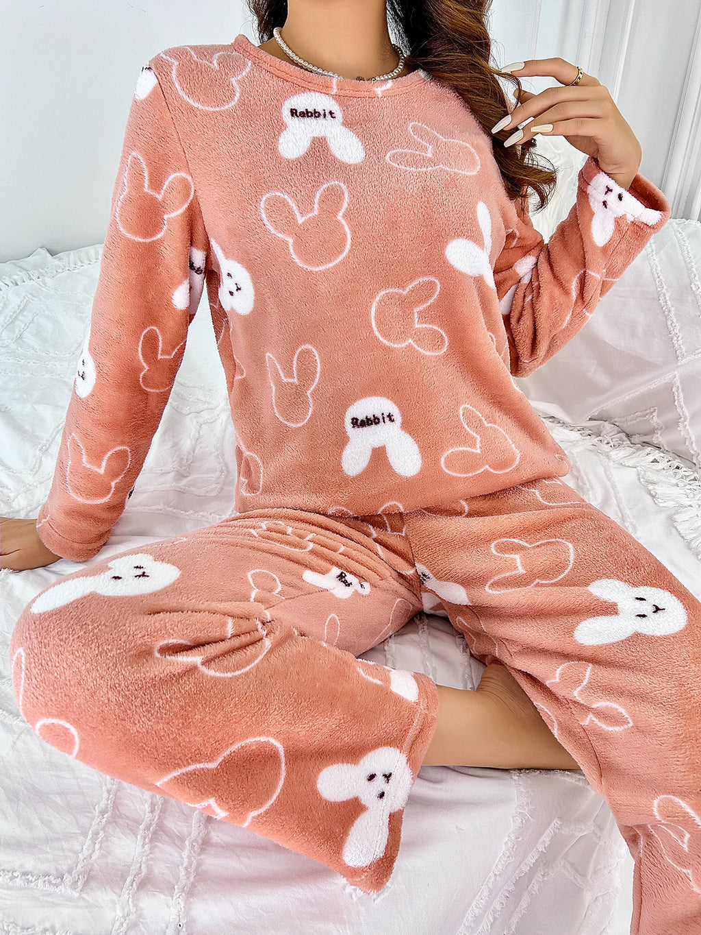 Flannel Cartoon Rabbit-Print Long-Sleeve Pajama Set With Long Pants
