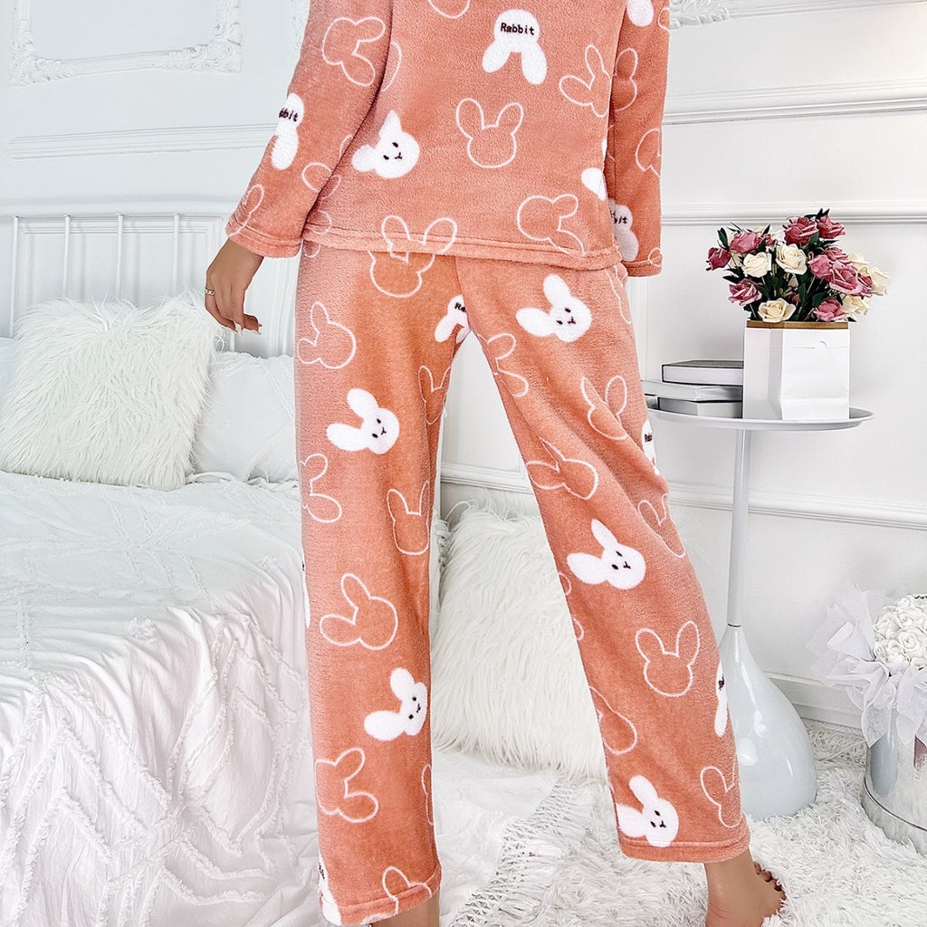 Flannel Cartoon Rabbit-Print Long-Sleeve Pajama Set With Long Pants