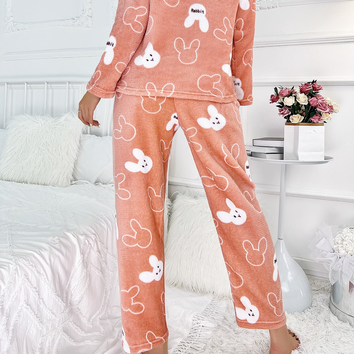 Flannel Cartoon Rabbit-Print Long-Sleeve Pajama Set With Long Pants